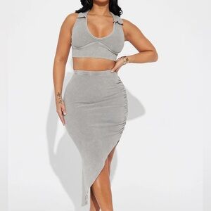 Ribbed skirt set collared cropped grey slit midi XS